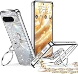 Rockaway 互換性 Pixel 10用 ケース ダブルリング付き リストバンド ブレスレット付き ストラップ 耐衝撃 薄型 軽量 紐付き キラキラ ラブハート かわいい 女の子 おしゃれ 豪華 スマホケース ピクセル10 用カバー - シルバー