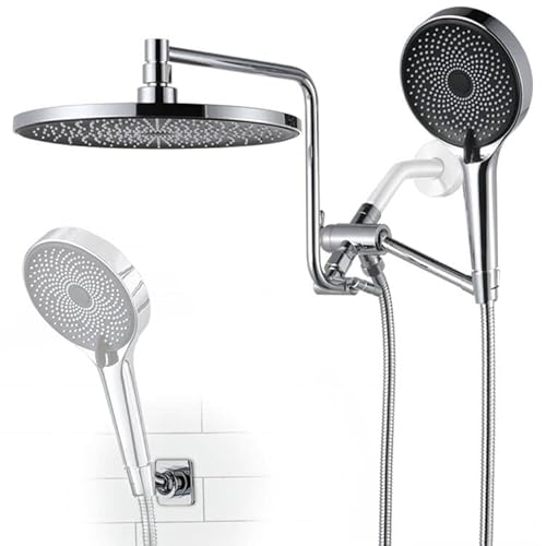 Ydmeet Dual Shower Head Combo, 10" Rain Shower Head, Adjustable 12" Shower Extension Arm, 3 Way Diverter With Extender Mount, Handheld Showerhead With 71" Hose, Polished Chrome #TOP11