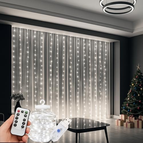 Cortina de LED 3x3m com 300 Leds Brancas Fria, Decoração de Natal...