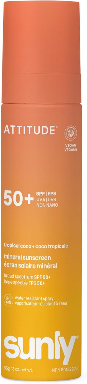 ATTITUDE Mineral Sunscreen Lightweight Lotion SPF 50, Broad Spectrum Zinc Oxide, EWG Verified, Non-Nano, Water-Resistant 80 Minutes, Non-Greasy for Face & Body, Vegan, Tropical Coco Scent, 80 grams