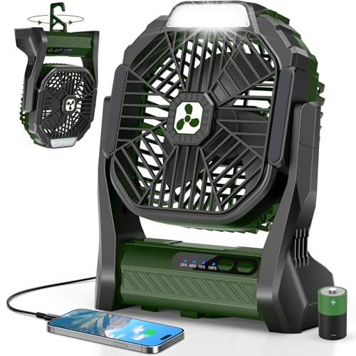 PDBEST Batteriebetriebener Ventilator 20000mAh Kabellos Wiederaufladbarer Tragbarer Ventilator mit LED-Laterne USB-C-Akku Tischventilator Campingventilator für Reisen Strand Green