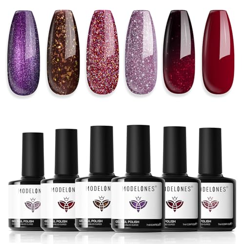 Image of modelones Gel Nail Polish Set 6 Colors Winter Dark Red Burgundy Brown Purple Glitter Gel Nail Polish Color Changing Sparkle Shimmer Polish Kit Soak Off UV Nail Art DIY Salon Gifts For Women Girl