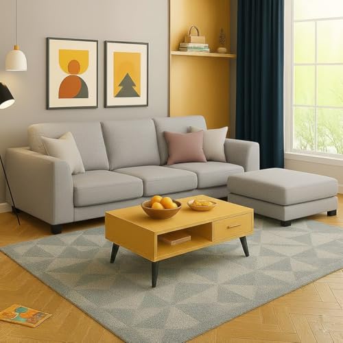 Image of FURNY Revona 4 Seater L Shape Sofa Set with Movable Ottoman | Flexible Left or Right Layout | Plush Velvet Fabric (Light Grey) | Perfect for Living Room, Guest Room & Office