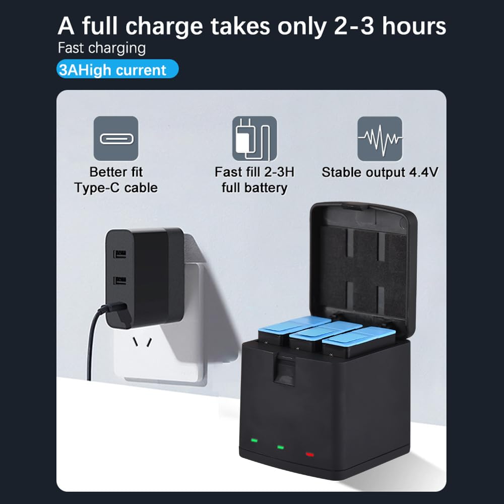 Andoer Batería de 3 Piezas de 1800 mAh + Cargador de batería de 3 Ranuras con Puerto USB Compatible con GoPro Hero 12/11/10/9
