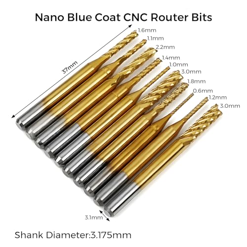 Jusnboir 40Pcs End Mills CNC Router Bits Kit 1/8" Shank, CNC Cutter Milling Carving Bit Set Including 2-Flute Flat Nose & Ball Nose End Mill, Titanium Coat End Mill, Nano Blue Coat End Mill - Image 7