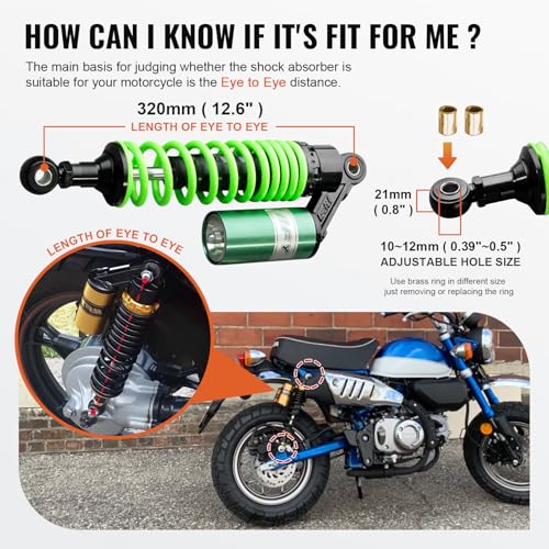 Image of GZYF 320mm 12.6 inch Pair Universal Motorcycle Rear Air Shock Absorbers for HONDA for Suzuki for Kawasaki for Yamaha ATV Go Kart Quad Dirt Sport Bikes,Green,12.5 inch