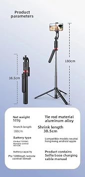 Coverzone 3in1 Selfie Tripodu, Akıllı Yüz Tanıma ve Jest Kontrolü Özellikli, 360° Dönebilir Gimbal, 180 cm Uzunluk, Uzaktan Kumanda, Mobil Telefon ile Uyumlu | JH18