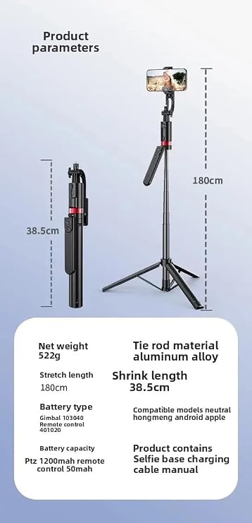 Coverzone 3in1 Selfie Tripodu, Akıllı Yüz Tanıma ve Jest Kontrolü Özellikli, 360° Dönebilir Gimbal, 180 cm Uzunluk, Uzaktan Kumanda, Mobil Telefon ile Uyumlu | JH18