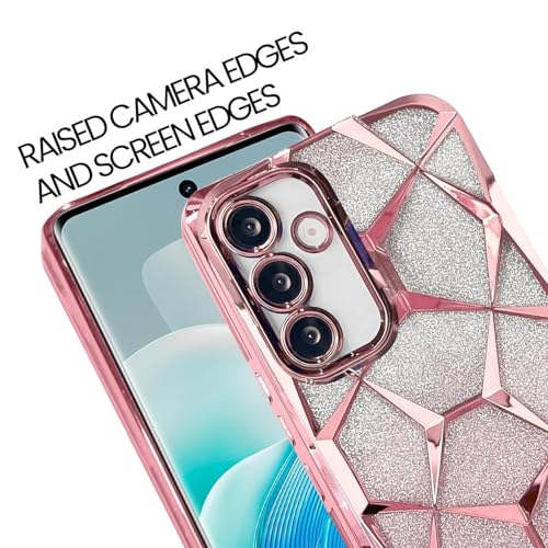 Image of VONZEE Gradient Glitter Case for Samsung M16, Luxury Electroplated 3D Cube, Diamond Bling Shiny Soft TPU Clear Shockproof Women Girls Protective Phone Cover (Rose Gold)