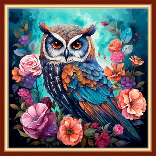 Image of Joyhoor Stamped Cross Stitch Kits for Beginners, Needlepoint Kits for Adults, 11CT Counted Embroidery Kits-Owl Flower 18x18 inchs