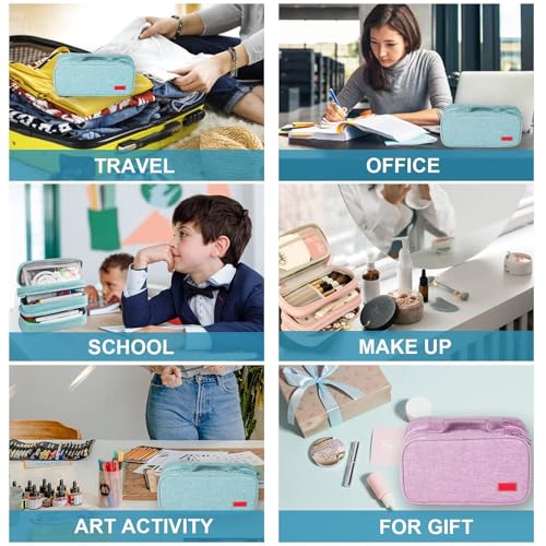 Image of Large Capacity Canvas Pencil Case With 3 Compartments - Dark Blue | Portable Canvas Stationery Organizer With Double Zippers, Simple for College, School, Office, Girl, Boy, Men, Women, Adult