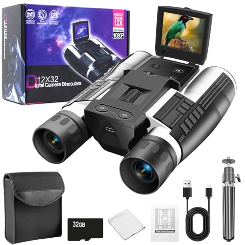 12x32 Binoculars for Adults, Digital Binoculars with Camera 12MP Photo 2K Video 2' LCD Display Screen with 32GB Micro SD Card for Bird Watching Hunting Football Concerts Theatre