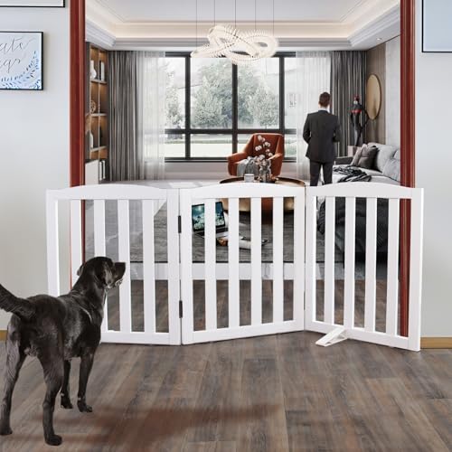 ZJSF Foldable Freestanding Indoor Dog Gate for House Wood White Long Pet Gates Dog Fence for Stairs Puppy Gates for Hallways,Dog Fence, Puppy Gate,Support Feet Included 24 