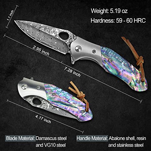 Komwero Damascus Pocket Knife For Men, Damascus Steel Hunting Knife With Sheath, Abalone Shell Handle, Liner Lock, Thumb Hole, Flipper Open, Edc Knives For Camping Outdoor Survival #TOP6
