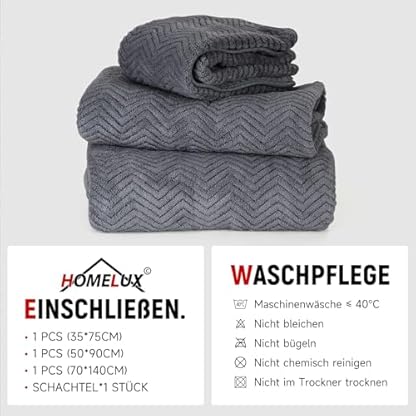 HOMELUX Handtücher Set 3 teilig Badetuch *1（70 * 140 cm）+ Towel *2（50 * 90 + 35 * 75 cm） saugstarkes Frottiertücher Set - Handtücher, Dunkelgrau – Bild 3