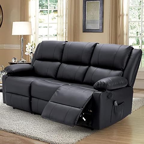 YODOLLA Recliner Sofa with Heat and Massage Function, Wall-Hugger Reclining Sofa 3-Seater Modern Manual Control Faux Leather RV Couch, Theater Lounge Seat with Side Pockets, Black Cover