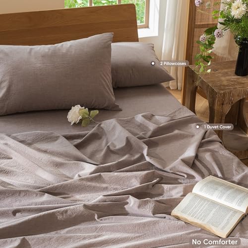 MooMee Bedding Duvet Cover Set 100% Washed Cotton Linen Like Textured Breathable Durable Soft Comfy (Heathered Mauve Brown, Palatial King/Oversized King 120"x98") by MooMee - Image 2