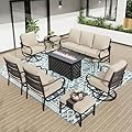PHI VILLA 8 PCS Patio Furniture Set with Fire Pit Table,Metal Outdoor Furniture with 3-Seat Bench Sofa, Swivel Sofa Chairs, Leg Chair & Ottoman, Modern Patio Set, Beige