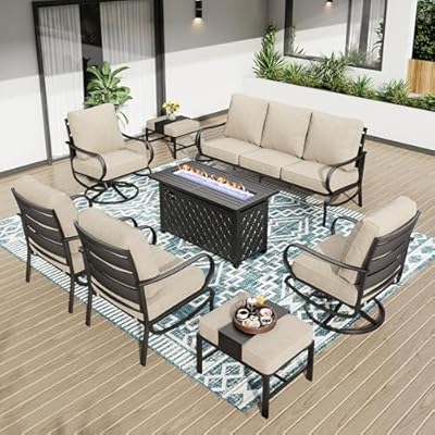 PHI VILLA 8 PCS Patio Furniture Set with Fire Pit Table,Metal Outdoor Furniture with 3-Seat Bench Sofa, Swivel Sofa Chairs, Leg Chair & Ottoman, Modern Patio Set, Beige