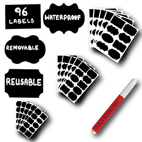 Mantah Chalkboard Label Stickers 96pcs - 9 Assorted Shapes in 3 sizes with Erasable White Chalk Marker - Reusable & Waterproof Labels for Storage Bins, Food Containers, Mason Jars & Kitchen Pantry Use