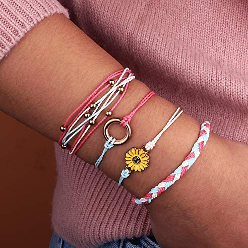 Image of Stackable Sunflower String Bracelets Cute Boho Braided Summer Beach Jewelry