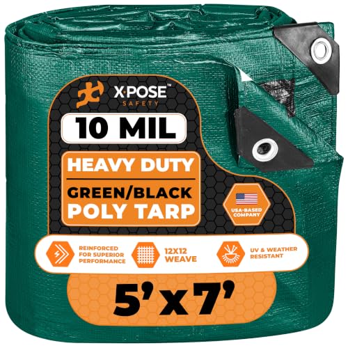 Image of Heavy Duty Poly Tarp - 5' X 7' - 10 Mil Thick Waterproof, UV Blocking Protective Cover - Reversible Green and Black - Laminated Coating - Grommets - by Xpose Safety
