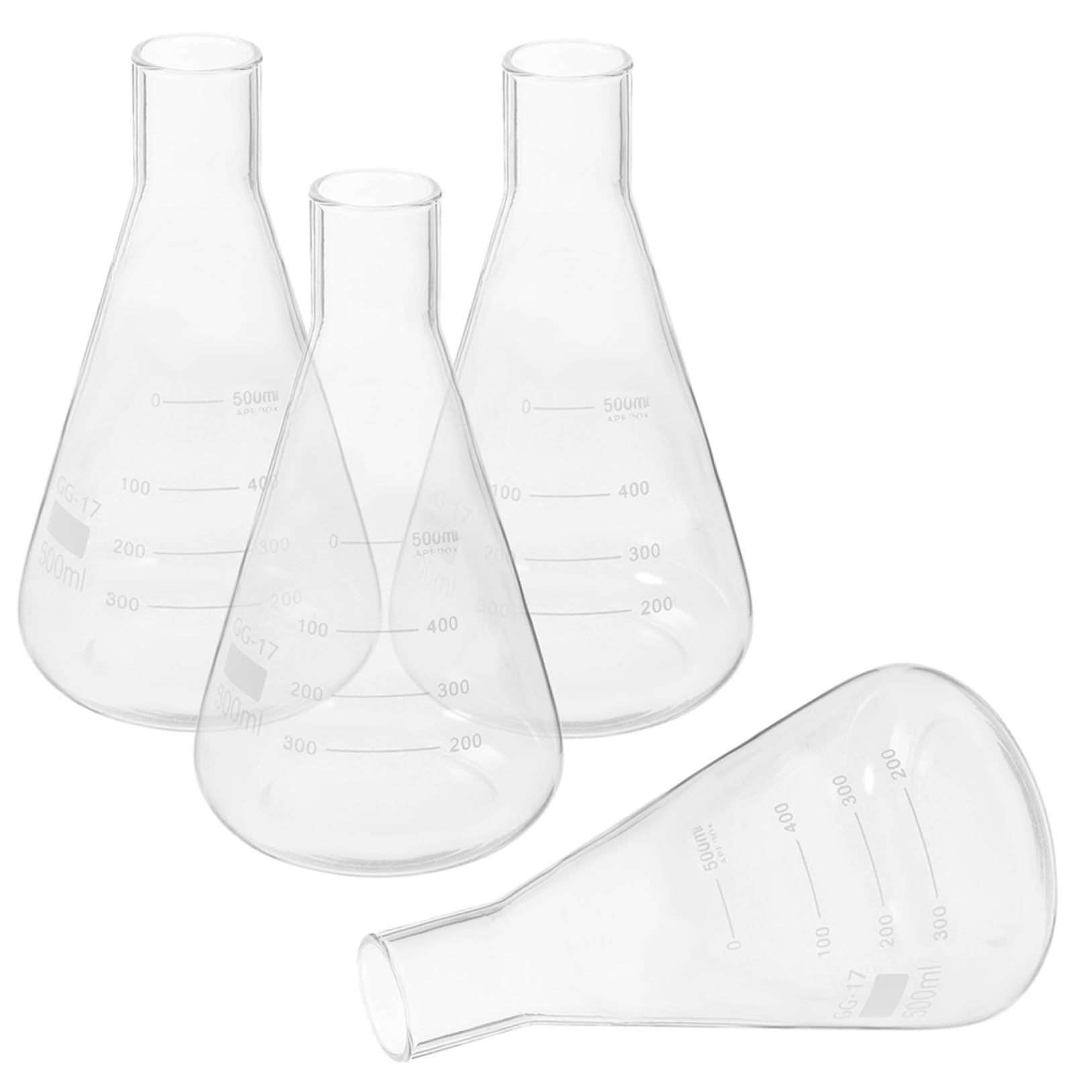 4 Stück Glas Erlenmeyerkolben Dickwandig für Schule und Labor | Standardvolumen, Klare Skala, Glatte Rundung, 1000ml, Zufällige Ausführung