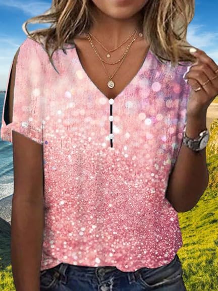 Womens 2024 Summer Marble Printed Tops Casual Short Sleeve Loose Fit Shirts V Neck Button Front Blouse Tops - Image 2