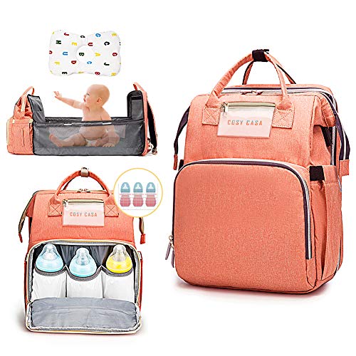 Cosy Casa Baby Travel Diaper Bag Backpack with Bassinet Changing Mat Changing Station,Folding Crib Bag Foldable Mommy Bag for Baby Girl Boy Infant Mom Diaper-Bag-Backpack-Baby-Travel(Pink)