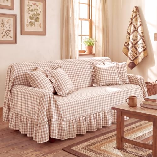 CrystalSylara Brown Gingham Couch Cover with Ruffle Farmhouse Sofa Slipcover One Piece Cotton Sofa Cover for 3 Seat Washable French Country Living Room Decor (118 w X 71 h)