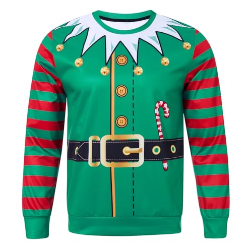 RAISEVERN Mens Christmas Jumper Ugly Long Sleeve Funny Elf Sweatshirts Womens Ladies Green Jumpers Teen Boys Xmas, M