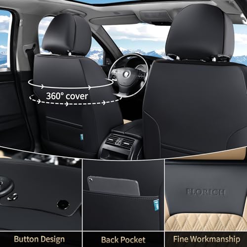 Image of FLORICH Seat Covers, Car Seat Covers Full Set, Luxury Nappa Leather Seat Covers, Breathable and Waterproof Car Seat Protector 5 Seat, Automotive Seat Covers Universal Fit for Most Cars-Black&Beige