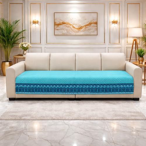 Image of KINGLY Sofa Cover for 4 Seater | Quilted Velvet Seat Cover | Anti-Slip Sofa Mat with Back Elastic | Thick Fabric Sofa Protector | Washable Couch Cover | Mint Blue