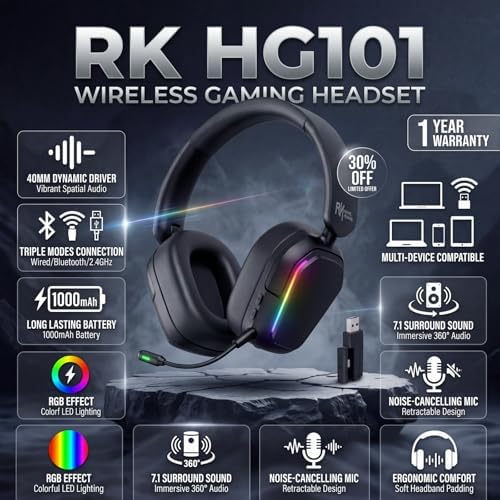 RK ROYAL KLUDGE HG101 Wireless Gaming Headset, 7.1 Surround Sound, Stereo Wired Headphones with Retractable Mic, Bluetooth 5.3, RGB, Memory Foam Ear Pads, Works with PC, PS4, PS5, Switch, Black