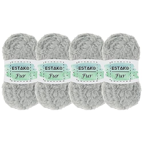 Estako Fur, 100% Polyester Faux Fur Yarn, Super Chunky, Light Grey, 4-Pack