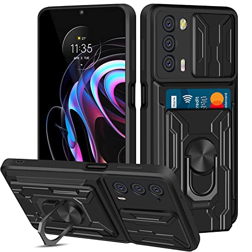 Vofolen for Moto Edge 2021 Wallet Case with Camera Protector,Detachable Credit Card Holder Kickstand Ring Stand Rugged Shockproof Protective Military Grade Cover for Motorola Edge 2021 Black