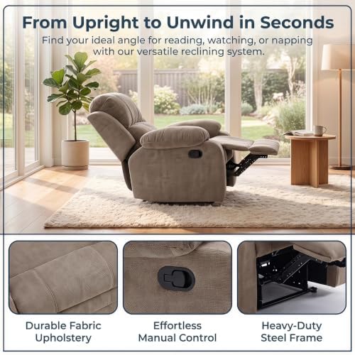 Image of Manual Single Lounge Recliner Chair with Adjustable Backrest, Khaki | Manual Chenille Recliner Chair, Adjustable Backrest, Stable Heavy‑Duty Build,Comfortable Chenille Fabric