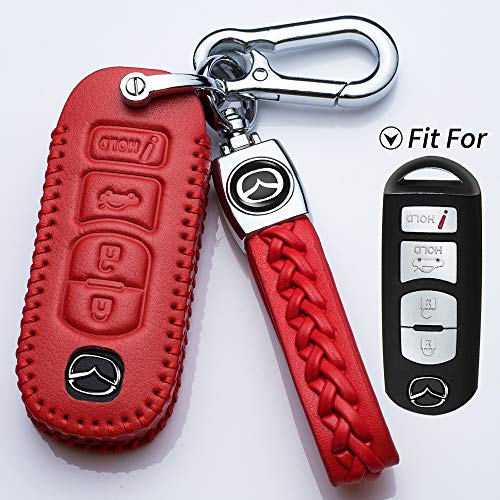Hey Kaulor Car Key Case - Genuine Leather Protector Keychain Suit for Mazda 3 6 8 Miata MX-5 CX-3 CX-5 CX-7 CX-9 Smart Remote 4-Buttons, Premium Key fob Cover