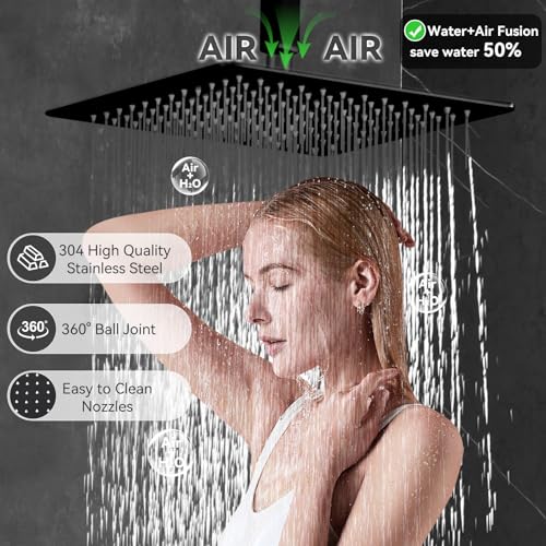 Sistema de ducha con doble cabezal tipo lluvia, set de grifería con botón pulsador, cabezal de ducha de 12" para instalación en techo y cabezal de 6" para pared, válvula de balance de presión (Negro Mate) miniatura 4
