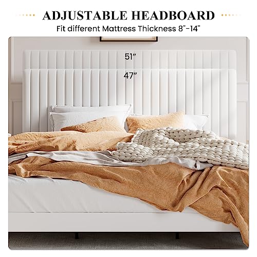 Image of SHA CERLIN King Upholstered Platform Bed Frame with Vertical Channel Tufted Velvet Fabric Adjustable Headboard, Wooden Slats Support, Mattress Foundation, Box Spring Optional, White
