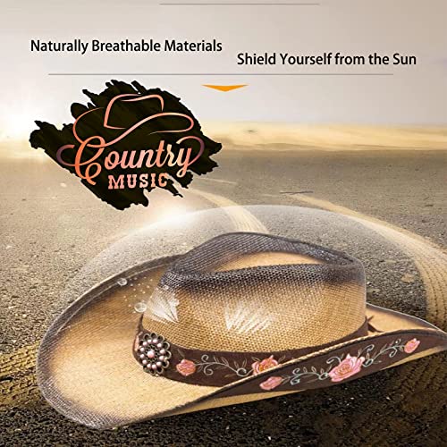 Image of Cowboy Hats for Women, Brown Cowgirl Hats Classic Straw Western Hats for Women Music Festival Party Beach.