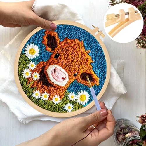 Punch Needle Set für Anfänger – Cartoon Kuh Blumenmuster, Komplettset mit Stickrahmen, Garn und Anleitung – Bild 2