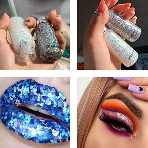 2 Color Body Glitter Gel Mermaid Scale Sequins Skin Long Lasting Sparkling Cream Eyeshadow Lip Nail Hair Painting Glitter Decorate Art Festival Party Make Up Powder (Silver,White),With 2 Sponge Brush #TOP4