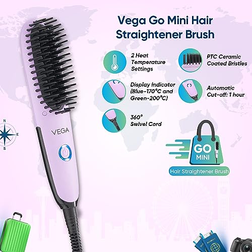 Vega Mini Hair Straightener Brush For Women With Thermoprotect Technology,Ceramic Coated Bristles&2 Heat Settings,(Go Mini Series,Vhsb-05) Purple - Image 6