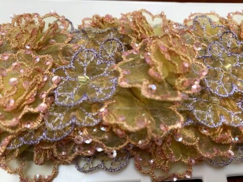 Lavender Peach Embroidered Beaded Flower Trim Layered Ruffle Hand Sewn 1.5" Sequins 1yd Fabric