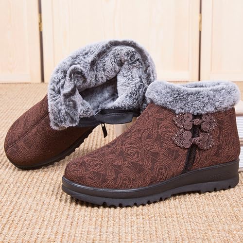 Women's Winter Warm Fur Lined Snow Ankle Boots,Ethnic Style Embroidered Warm Booties Comfortable Side Zip Casual Indoor Outdoor Flat Non-Slip Mom Cotton Shoes3