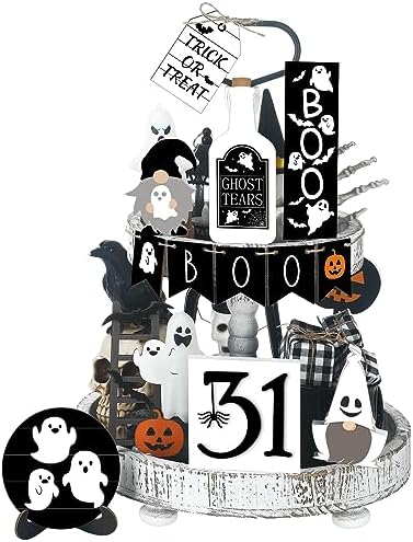 Jetec Halloween Tiered Tray Decorations Wooden Ghost Halloween Co...