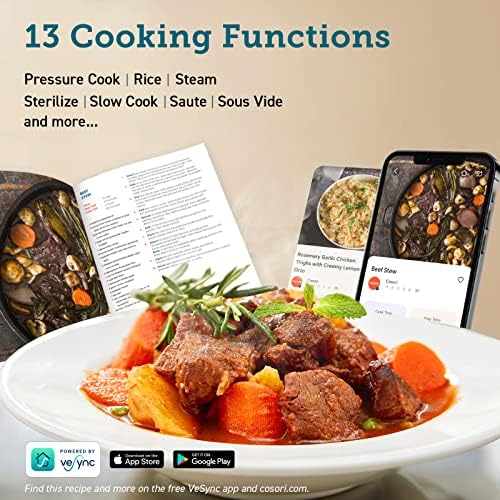 COSORI Electric Pressure Cooker 6 Quart, 9-in-1 Instant Multi Cooker, 13 Presets, Rice Slow Cooker, Sauté, Sous Vide, Sterilizer, Recipes, 1100W, Stainless Steel, Olla de Presion Electrica Multiuso