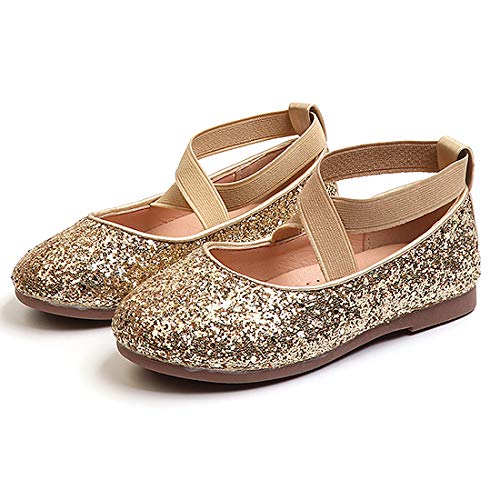 PrettyQueen Toddler Little Girls Glitter Dress Shoes Slip On Ballet Mary Jane Flats for Princess Wedding Party School Gold