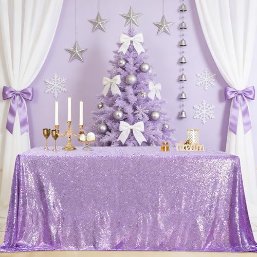Image of B-COOL Sequin Tablecloth Rectangle Tablecloths Lavender Shiny Table Skirt Sweet Birthday Cake Events Table Linens-90x156inches